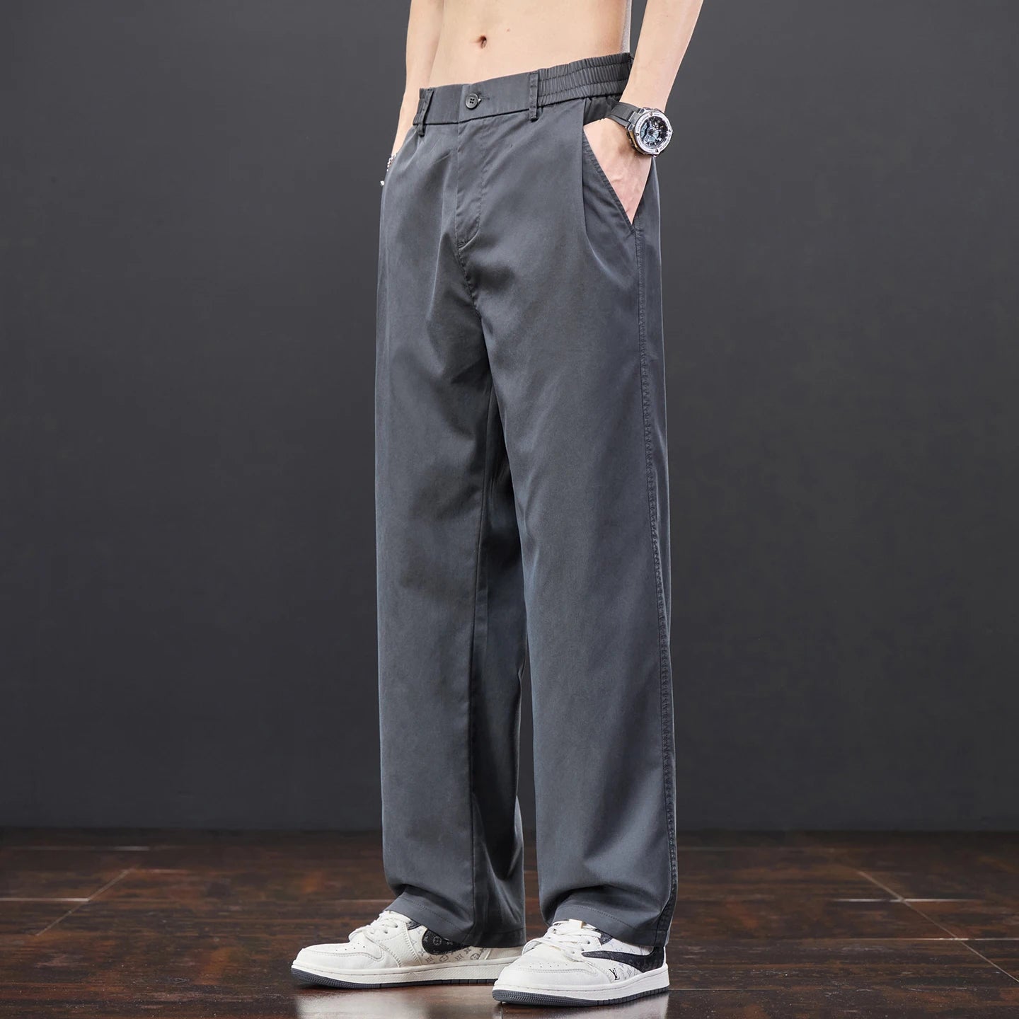 Men's Lyocell Fabric Casual Pants — Thin Loose Straight Elastic Waist Trousers Korean Style