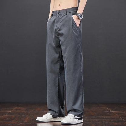 Men's Lyocell Fabric Casual Pants — Thin Loose Straight Elastic Waist Trousers Korean Style