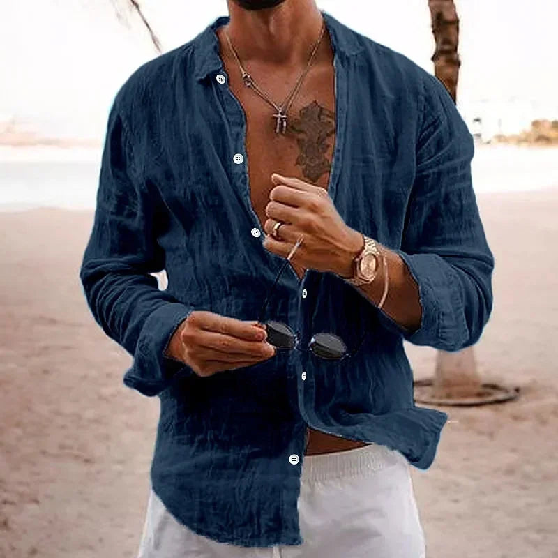 Men's Cotton Linen Casual Shirt — Loose Solid Long Sleeve Button-Up | 12 Colors S–XXXL