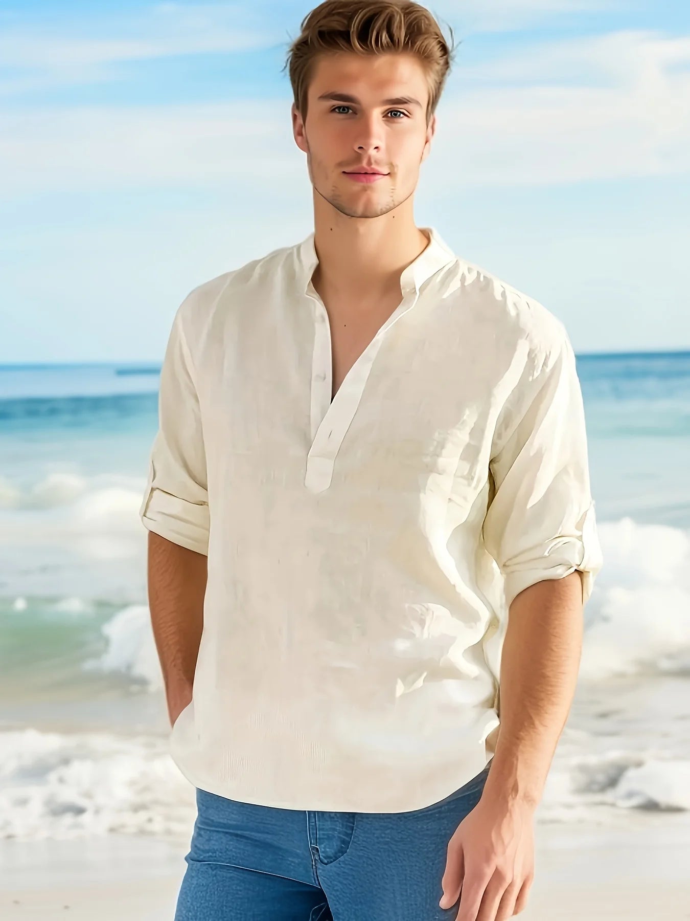 Men's Long Staple Cotton Linen Stand Collar Shirt — Breathable Loose Fit Solid Color Casual Top | 13 Colors S–XXXL