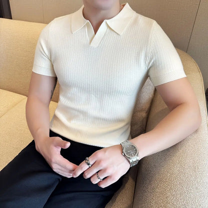 Men's Korean Style Slim Fit Polo Shirt — Solid Color Casual Knit Short Sleeve Top
