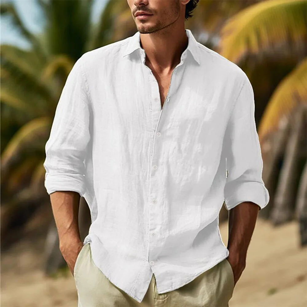 Men's Cotton Linen Casual Shirt — Turn Down Collar Lightweight Breathable Summer Top