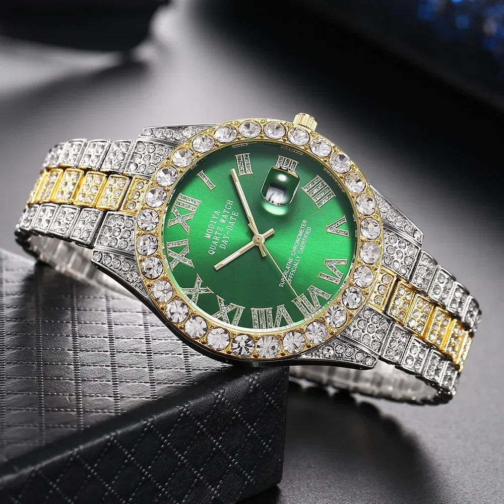Men's Diamond Rhinestone Quartz Watch — Luxury Gold Bling Calendar Wristwatch