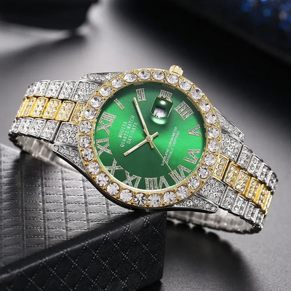 Men's Diamond Rhinestone Quartz Watch — Luxury Gold Bling Calendar Wristwatch