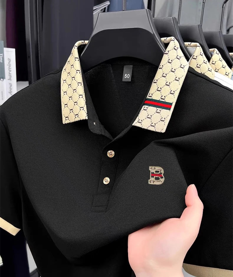 Men's Luxury Letter Embossed Polo Shirt — Color Block Lapel Short Sleeve Summer Top