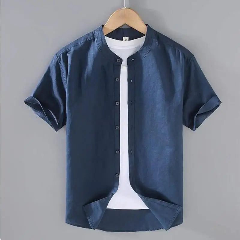 Men's Mandarin Collar Short Sleeve Casual Shirt — Cotton Blend Vintage Beach Style | 8 Colors Asia M–5XL