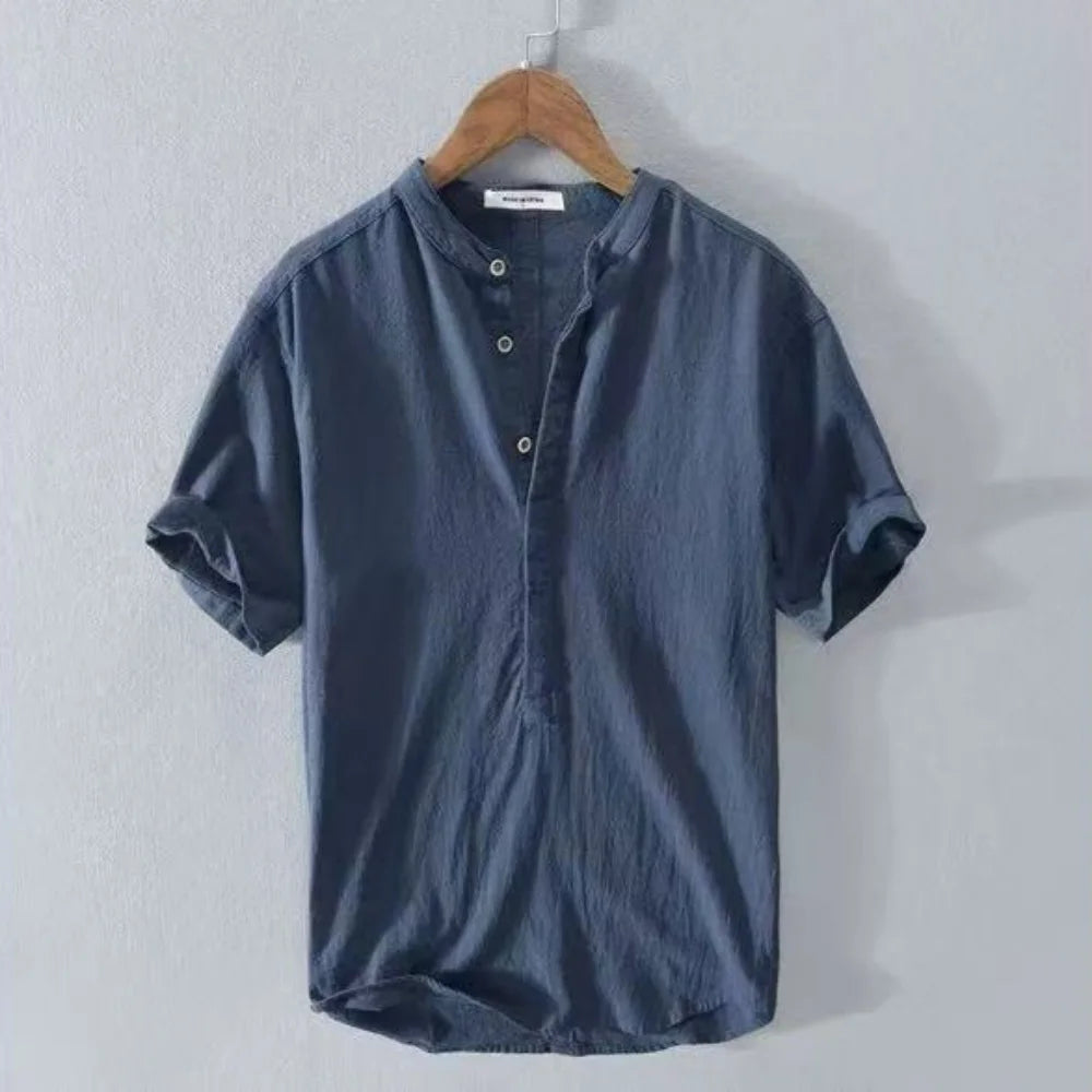 Men's Cotton Linen Short Sleeve Henley Beach Shirt — Lightweight Casual Hawaiian T-Shirt