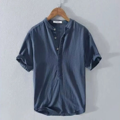 Men's Cotton Linen Short Sleeve Henley Beach Shirt — Lightweight Casual Hawaiian T-Shirt