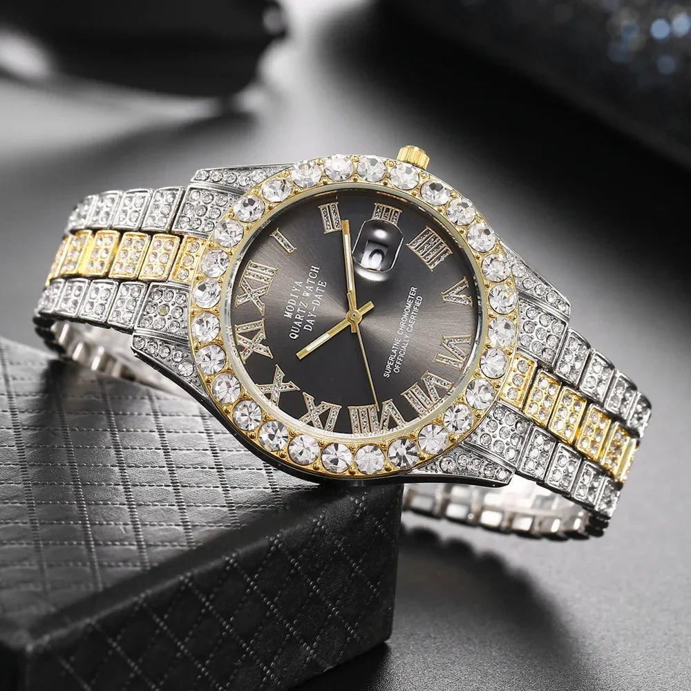 Men's Diamond Rhinestone Quartz Watch — Luxury Gold Bling Calendar Wristwatch