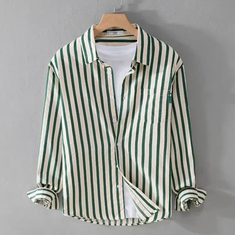 Men's Striped Long Sleeve Shirt — Turn-Down Collar Casual Button-Up | Black, Khaki, Green