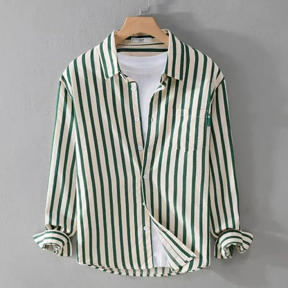 Men's Striped Long Sleeve Shirt — Turn-Down Collar Casual Button-Up | Black, Khaki, Green