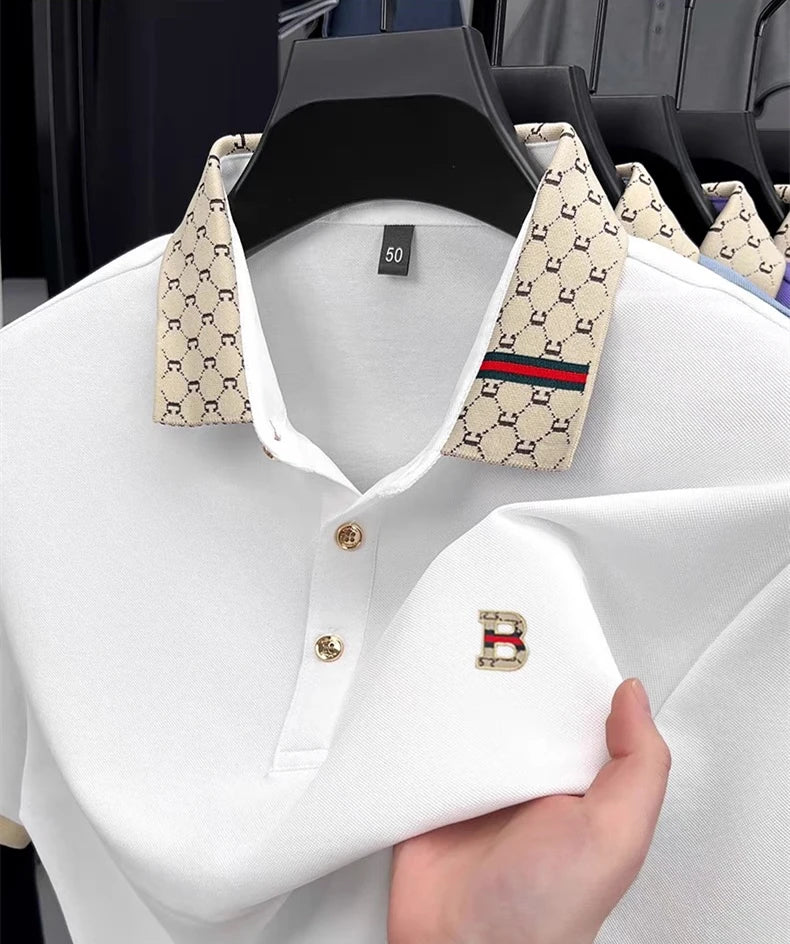 Men's Luxury Letter Embossed Polo Shirt — Color Block Lapel Short Sleeve Summer Top