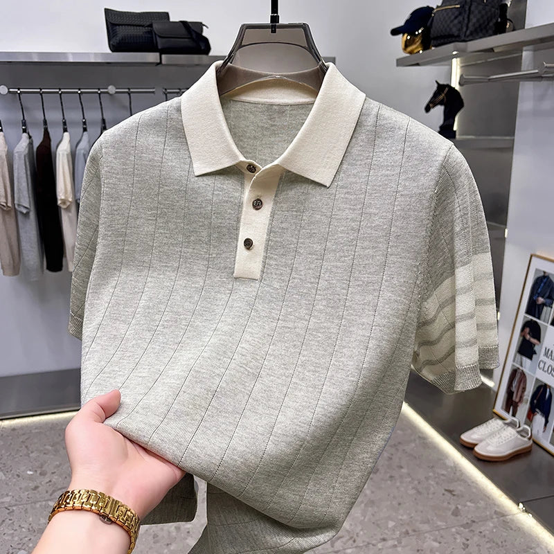 Men's Color Block Knitted Polo Shirt — Short Sleeve Striped Casual Summer T-Shirt Korean Style