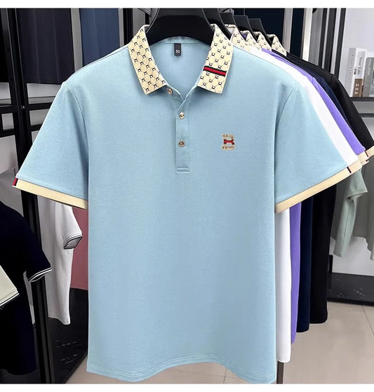 Men's Luxury Letter Embossed Polo Shirt — Color Block Lapel Short Sleeve Summer Top