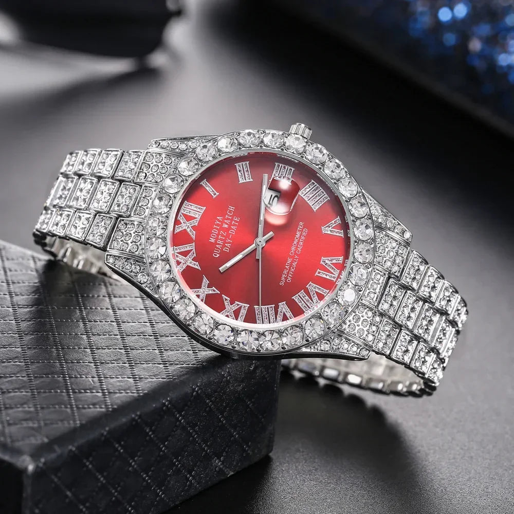 Men's Diamond Rhinestone Quartz Watch — Luxury Gold Bling Calendar Wristwatch