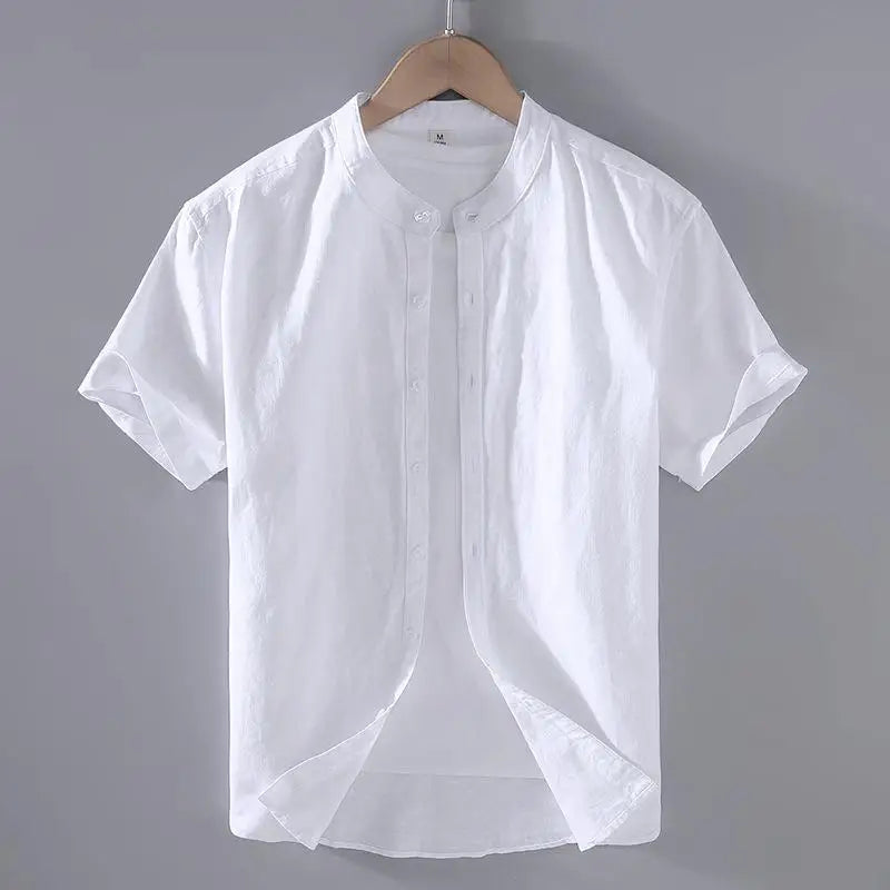 Men's Mandarin Collar Short Sleeve Casual Shirt — Cotton Blend Vintage Beach Style | 8 Colors Asia M–5XL