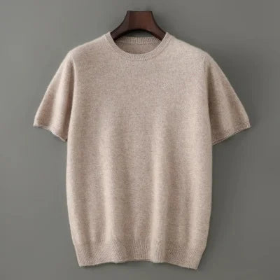 Men's 100% Pure Cashmere Knitted T-Shirt — Luxury Round Neck Short Sleeve Top