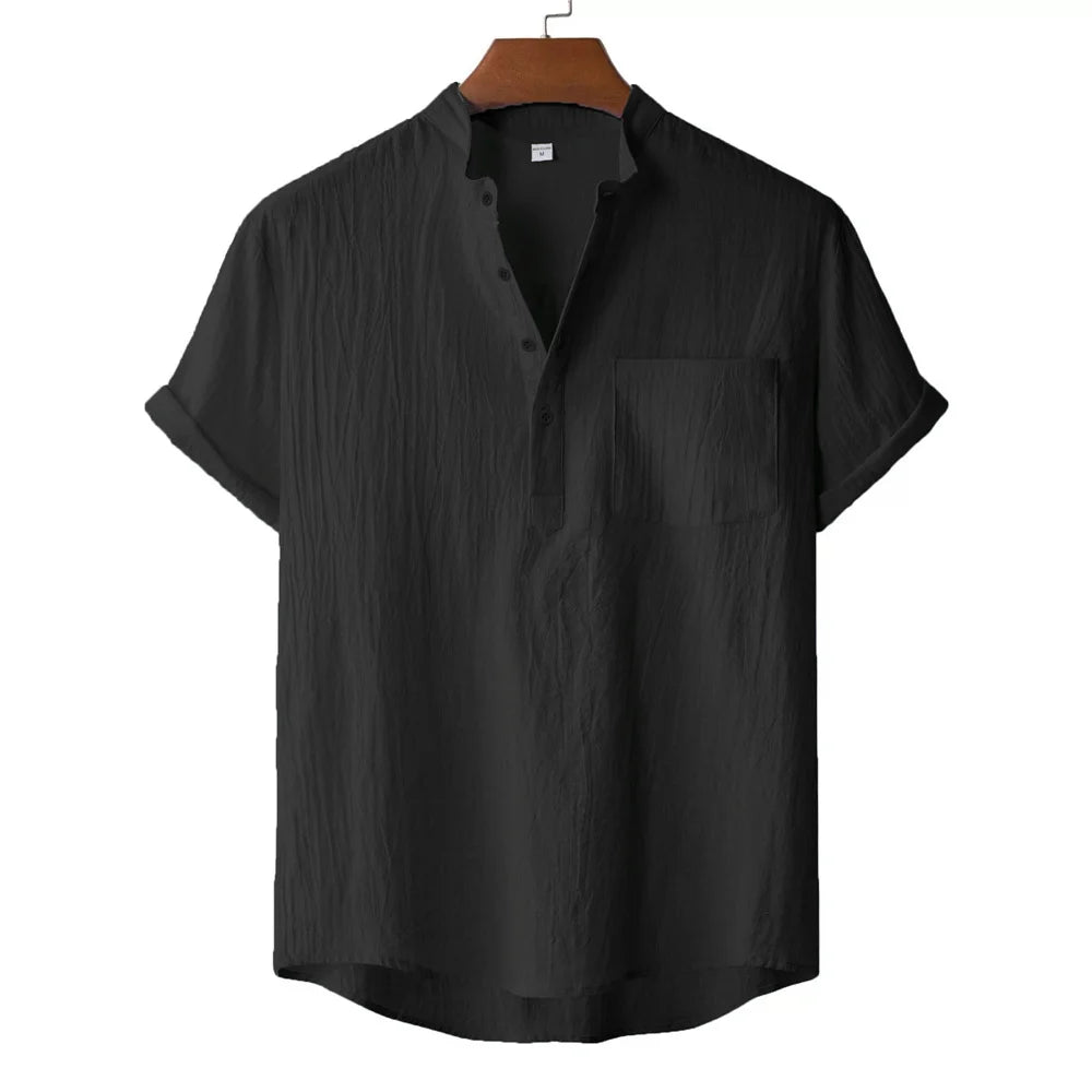 Men's Cotton Linen Henley T-Shirt — Lightweight Breathable Beach Casual Short Sleeve Top