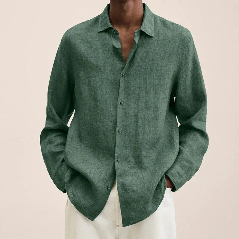 Men's Solid Color Long Sleeve Casual Shirt — Lapel Button-Up Loose Fit Smart Casual Top