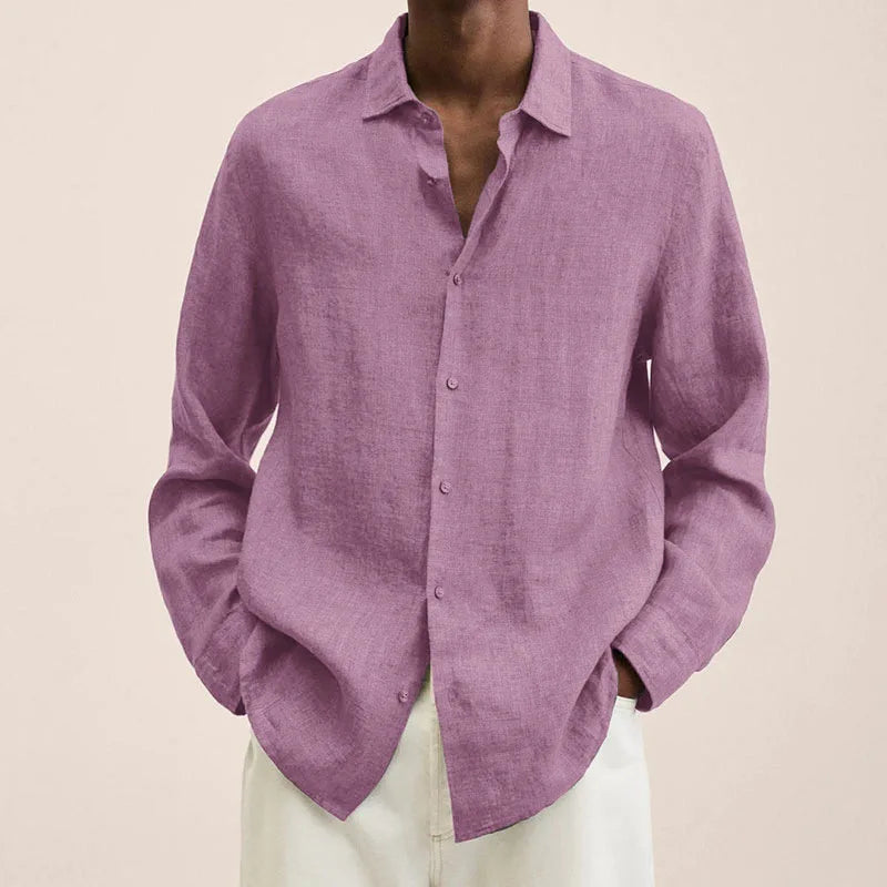 Men's Solid Color Long Sleeve Casual Shirt — Lapel Button-Up Loose Fit Smart Casual Top
