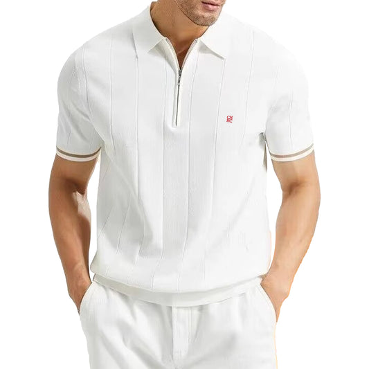 Men's Ribbed Knit Polo Shirt — Breathable Textured Short Sleeve Smart Casual Top