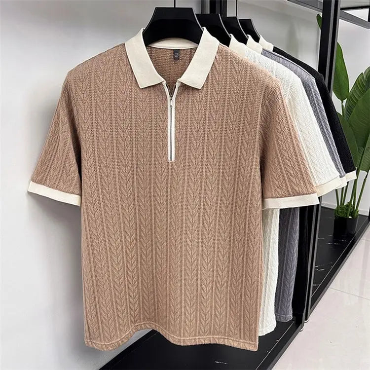 Men's Half-Zip Knitted Polo Shirt — Breathable Short Sleeve Casual Summer Top