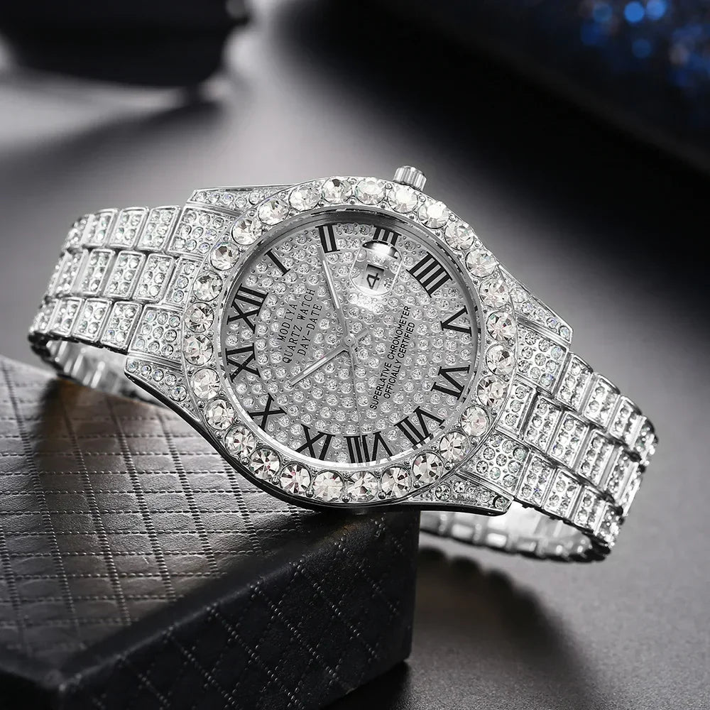 Men's Diamond Rhinestone Quartz Watch — Luxury Gold Bling Calendar Wristwatch