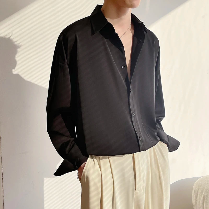 Men's Long Sleeve Ice Silk Dress Shirt — Oversized Korean Loose Fit Formal Casual | 4 Colors M–XXL