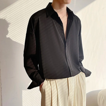 Men's Long Sleeve Ice Silk Dress Shirt — Oversized Korean Loose Fit Formal Casual | 4 Colors M–XXL