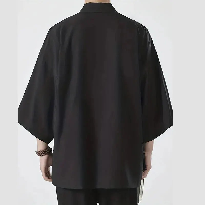 Men's Japanese Kimono Shirt — Open-Front Samurai Yukata Cardigan 3/4 Sleeve Summer Outwear