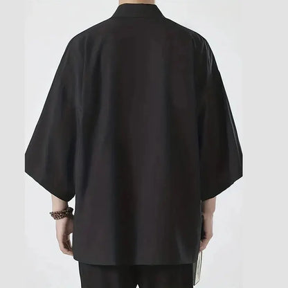 Men's Japanese Kimono Shirt — Open-Front Samurai Yukata Cardigan 3/4 Sleeve Summer Outwear