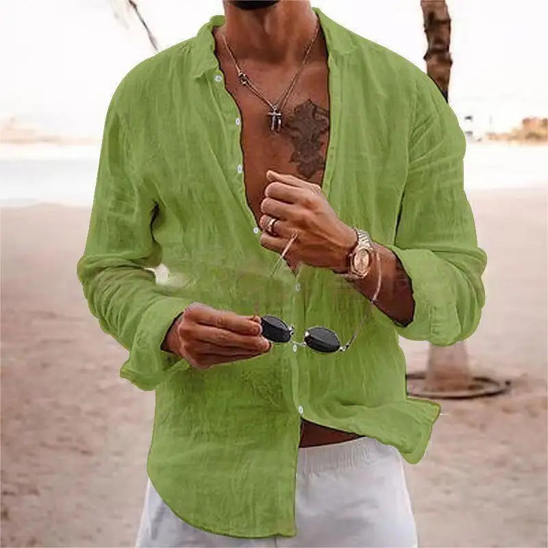 Men's Cotton Linen Casual Shirt — Loose Solid Long Sleeve Button-Up | 12 Colors S–XXXL