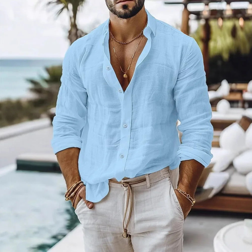 Men's Cotton Linen Long Sleeve Shirt — Solid Color Breathable Casual Button Top