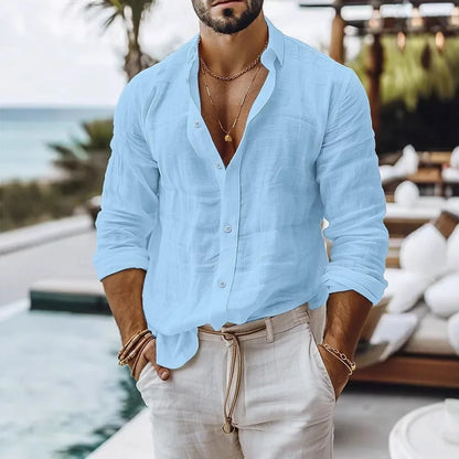 Men's Cotton Linen Long Sleeve Shirt — Solid Color Breathable Casual Button Top