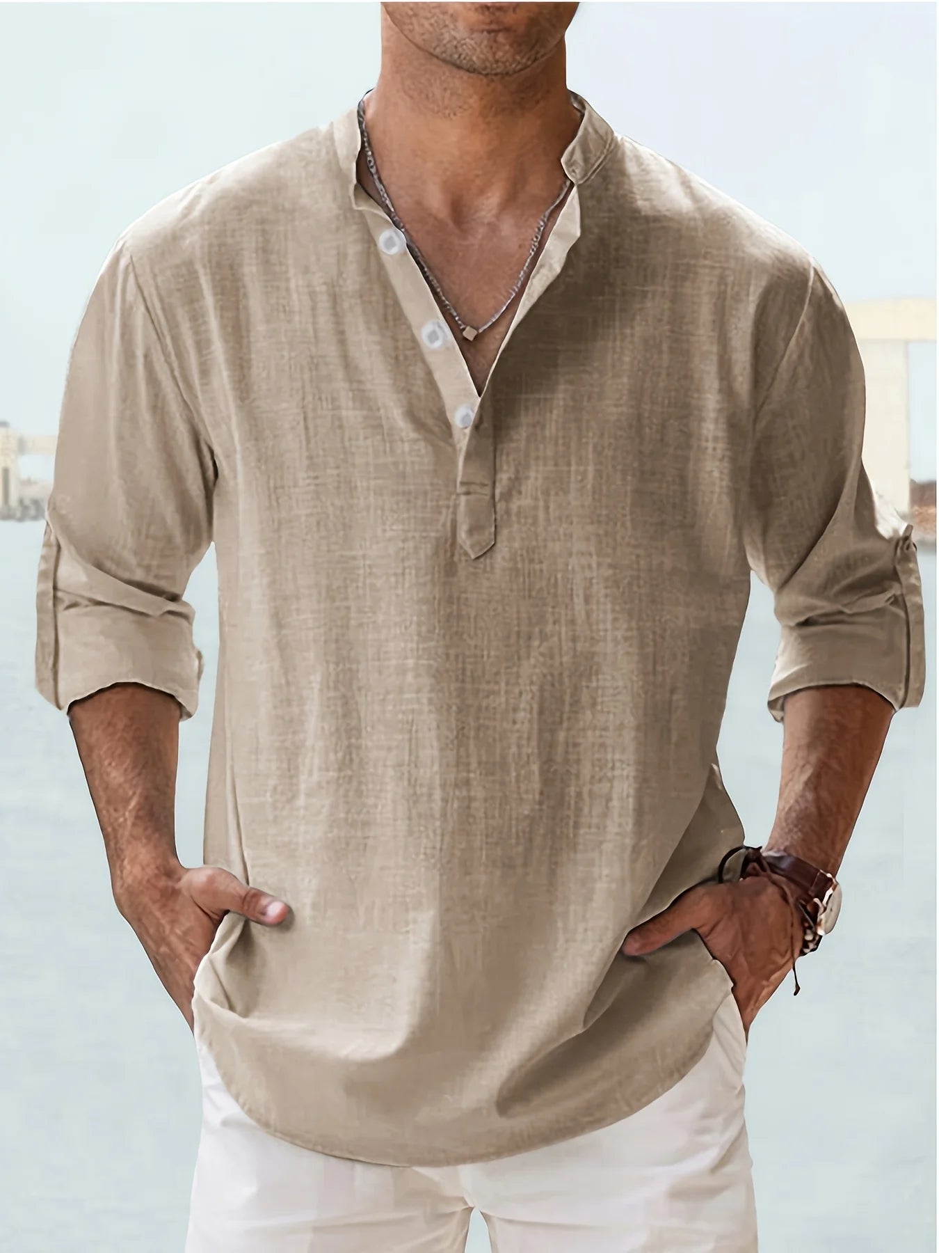 Men's Long Staple Cotton Linen Stand Collar Shirt — Breathable Loose Fit Solid Color Casual Top | 13 Colors S–XXXL