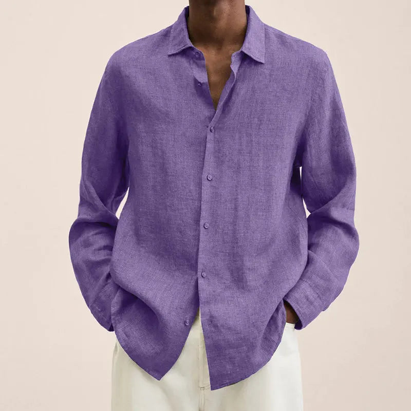 Men's Solid Color Long Sleeve Casual Shirt — Lapel Button-Up Loose Fit Smart Casual Top