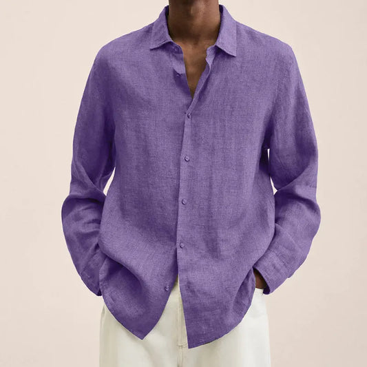 Men's Solid Color Long Sleeve Casual Shirt — Lapel Button-Up Loose Fit Smart Casual Top