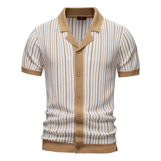Men's Knitted Striped Polo Shirt — Short Sleeve Single Breasted Breathable Smart Casual Summer Top