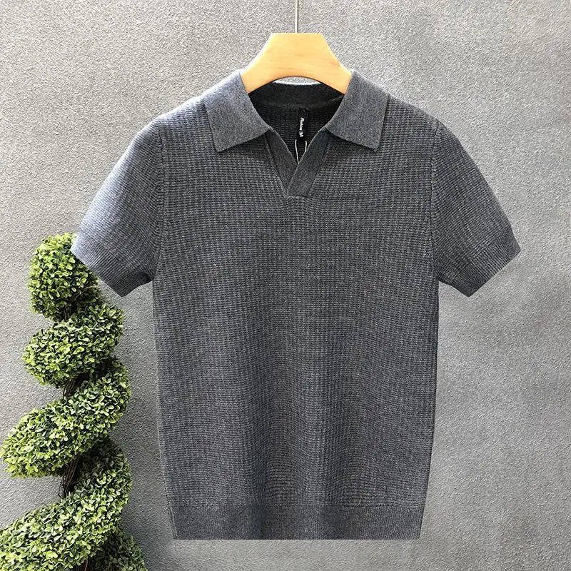 Men's Korean Style Slim Fit Polo Shirt — Solid Color Casual Knit Short Sleeve Top