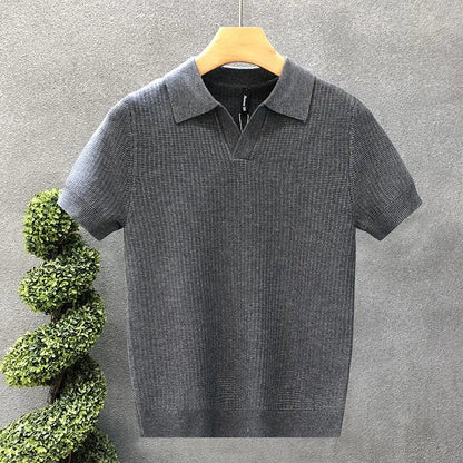 Men's Korean Style Slim Fit Polo Shirt — Solid Color Casual Knit Short Sleeve Top