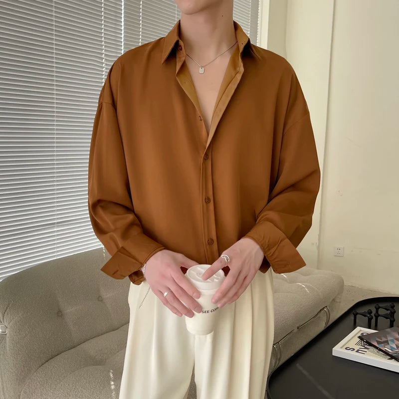 Men's Long Sleeve Ice Silk Dress Shirt — Oversized Korean Loose Fit Formal Casual | 4 Colors M–XXL