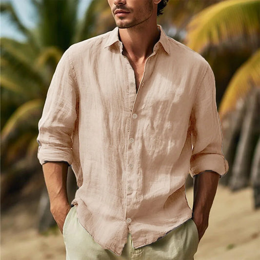Men's Cotton Linen Casual Shirt — Turn Down Collar Lightweight Breathable Summer Top