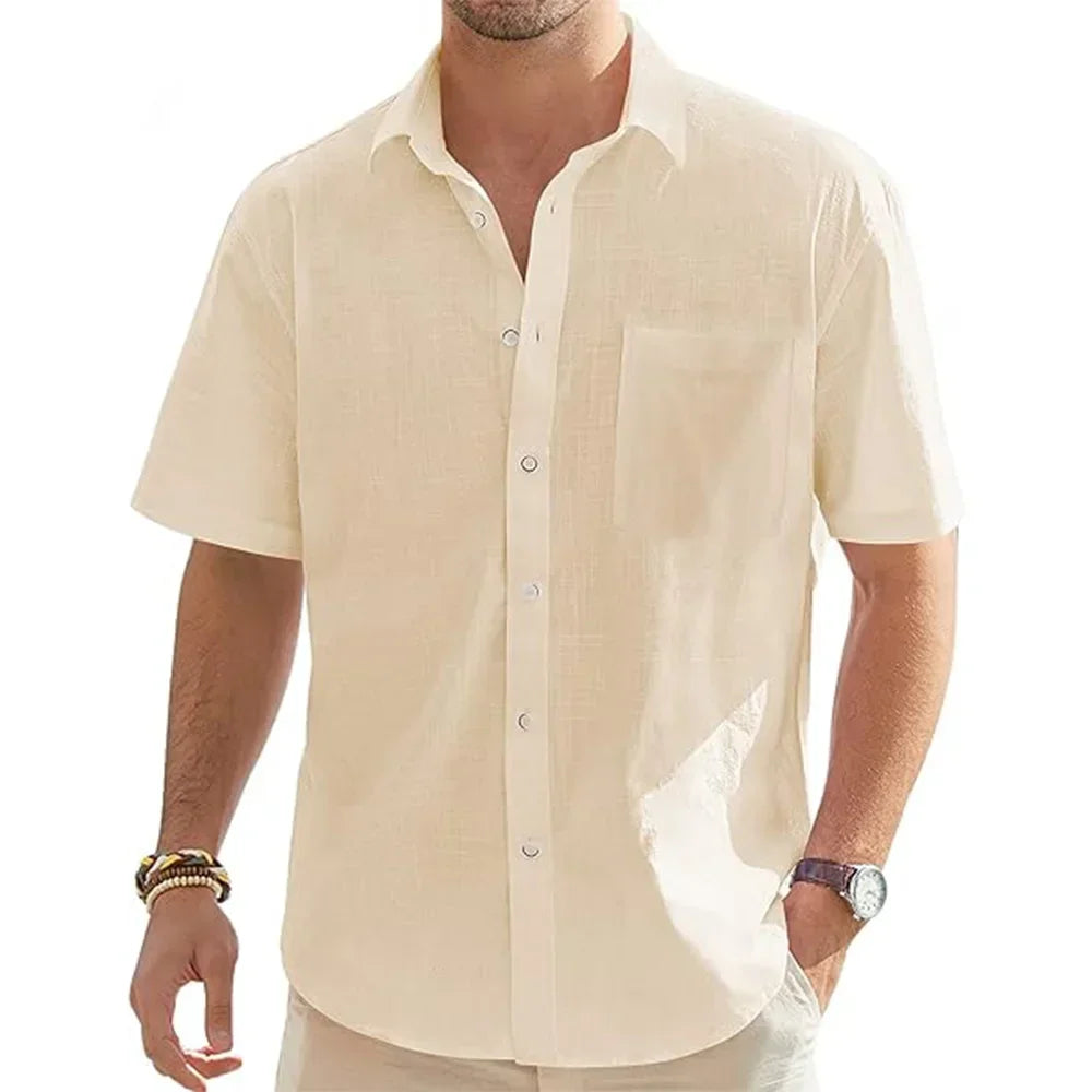 Men's Cotton Linen Short Sleeve Shirt — Lightweight Casual Summer Button-Down with Pocket | 5 Colors US S–XXXL