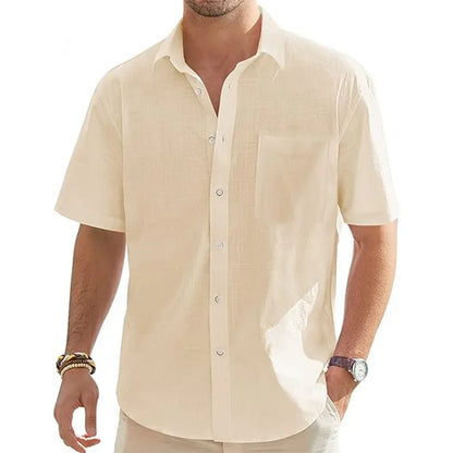 Men's Cotton Linen Short Sleeve Shirt — Lightweight Casual Summer Button-Down with Pocket | 5 Colors US S–XXXL