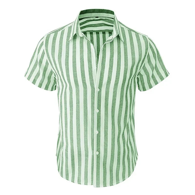 Men's Hawaiian Print Short Sleeve Shirt — Striped Beach Casual Vacation Top