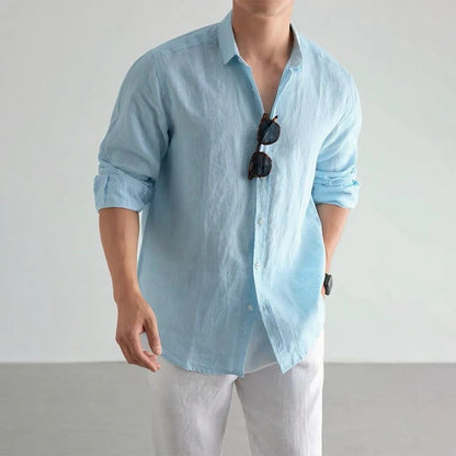 Men's Cotton-Linen Long Sleeve Baggy Shirt — Solid Casual Button-Up | 8 Colors S–XXL
