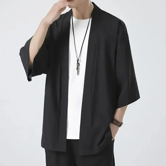 Men's Japanese Kimono Shirt — Open-Front Samurai Yukata Cardigan 3/4 Sleeve Summer Outwear
