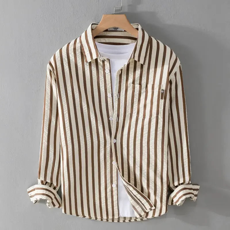 Men's Striped Long Sleeve Shirt — Turn-Down Collar Casual Button-Up | Black, Khaki, Green