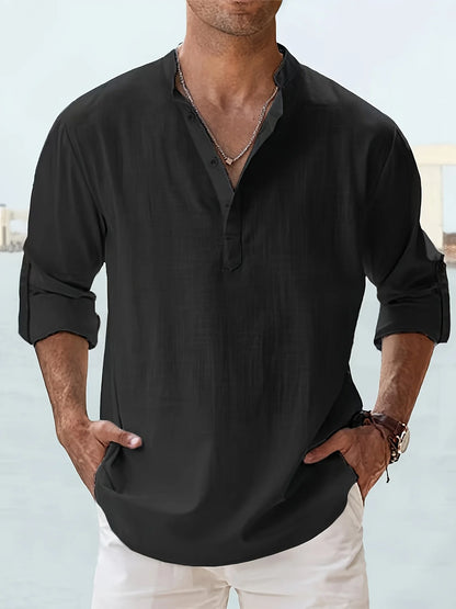 Men's Long Staple Cotton Linen Stand Collar Shirt — Breathable Loose Fit Solid Color Casual Top | 13 Colors S–XXXL