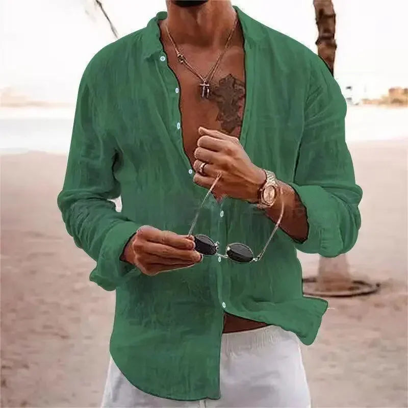 Men's Cotton Linen Casual Shirt — Loose Solid Long Sleeve Button-Up | 12 Colors S–XXXL